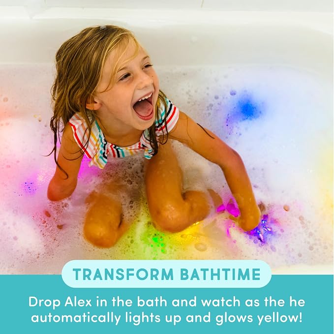Glo Pals Water-Activated Light-Up Sensory Bath Toy Character and 6 Cubes for Bathtime and Sensory Play, Alex, Glows Yellow