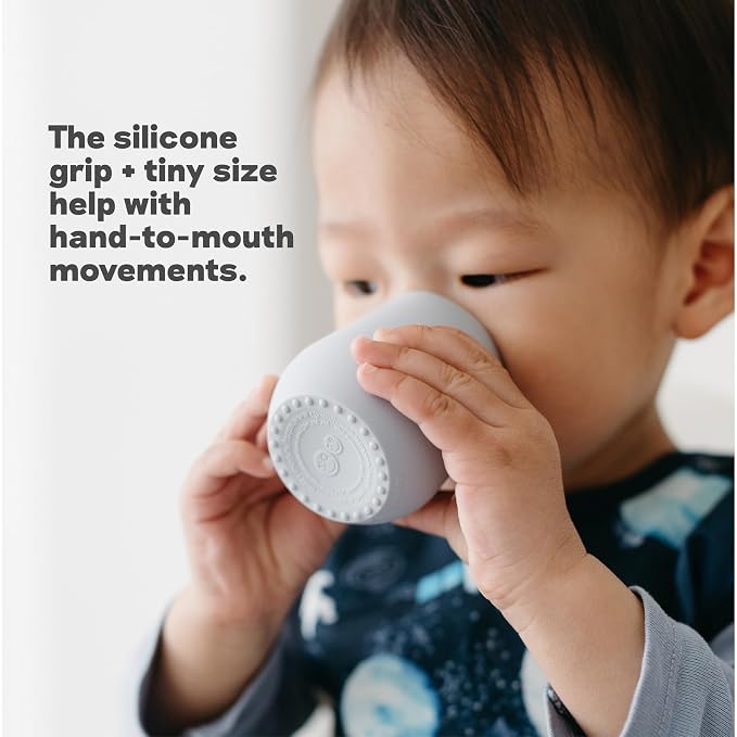 ezpz Tiny Cup (Pewter) + Tiny Spoon (2 Pack in Blush) - baby essentials, cup and spoon