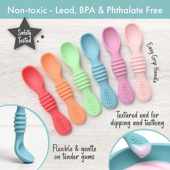 PrimaStella Silicone Chew Spoon Set for Babies and Toddlers | Safety Tested | BPA Free | Baby Spoon 6 Pack