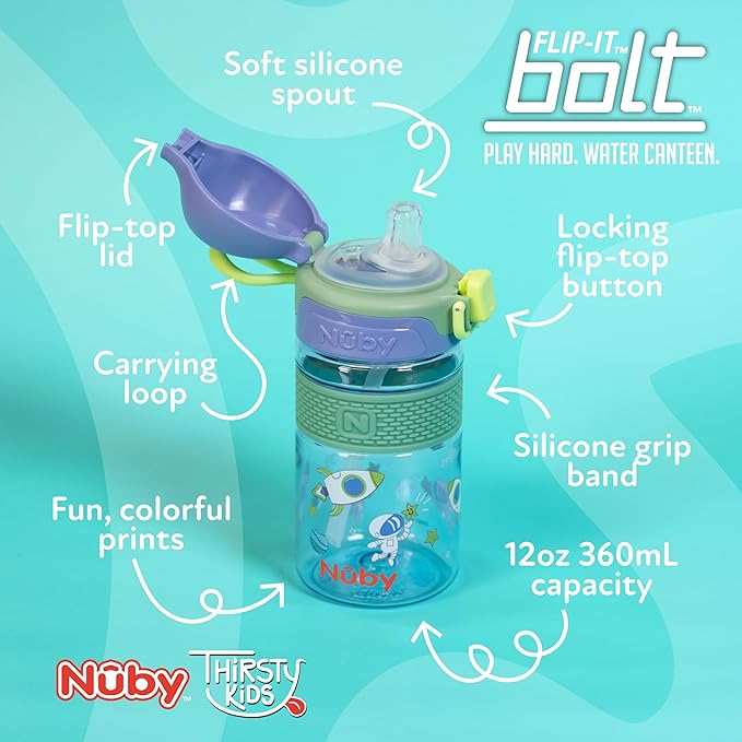 Nuby Thirsty Kids Flip-It Bolt Toddler Cup with Push-Button Locking Flip-Top and Silicone Spout - 12 oz - Easy-Grip and Spill-Resistant - 18+ Months - Space