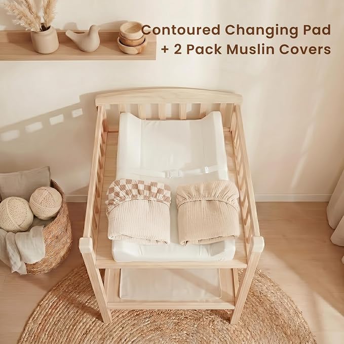 Konssy Muslin Changing Pad with Waterproof Lining Foam, Includes 2 Pack Soft & Cotton Cover, Baby Diaper Changing Pad for Dresser or Table, 32x16 inches (Coffee Check, Cream)