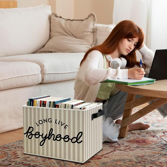 Black Long Live Boyhood Boys Storage Bins Box with Handles, Beige Stripe Collapsible Basket Organizer for Kids Teen Boy Nursery Room Bedroom Bathroom Playroom Toys Books Clothes