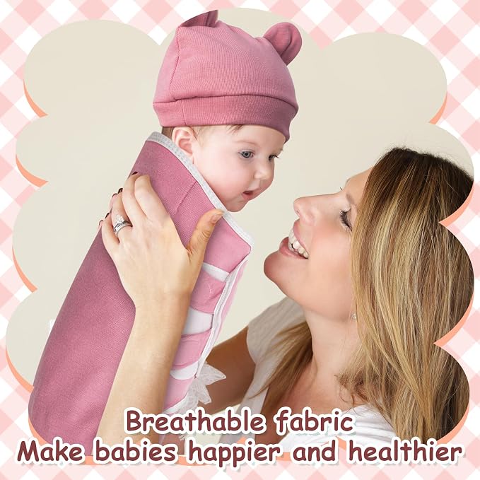 Ramede 6 Pack Swaddle Blanket with Hats for Baby Girl Boy 100% Cotton Swaddles 0-3 Months, Adjustable Breathable Skin Friendly Receiving Blanket Wrap, Essential for Newborns(Simple,Solid Pink)