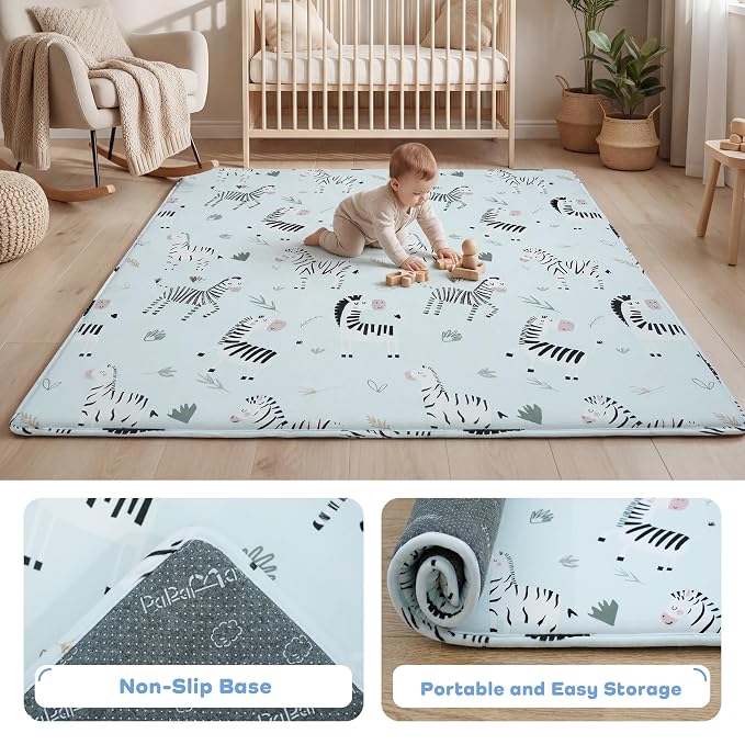 1.5" Thick Premium Baby Floor Play Mat, 71x59 Over-Sized Padded Memory Foam Mat, Tummy Time Crawling Playmat for Nursery Kids Playroom, Zebra