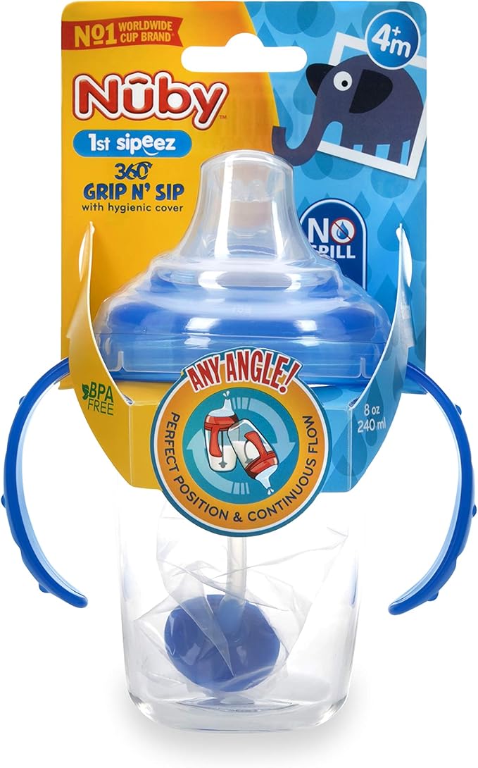 Nuby 360 Grip N' Sip 8oz Tritan Cup, Weighted Straw with Hygienic Cover, Blue