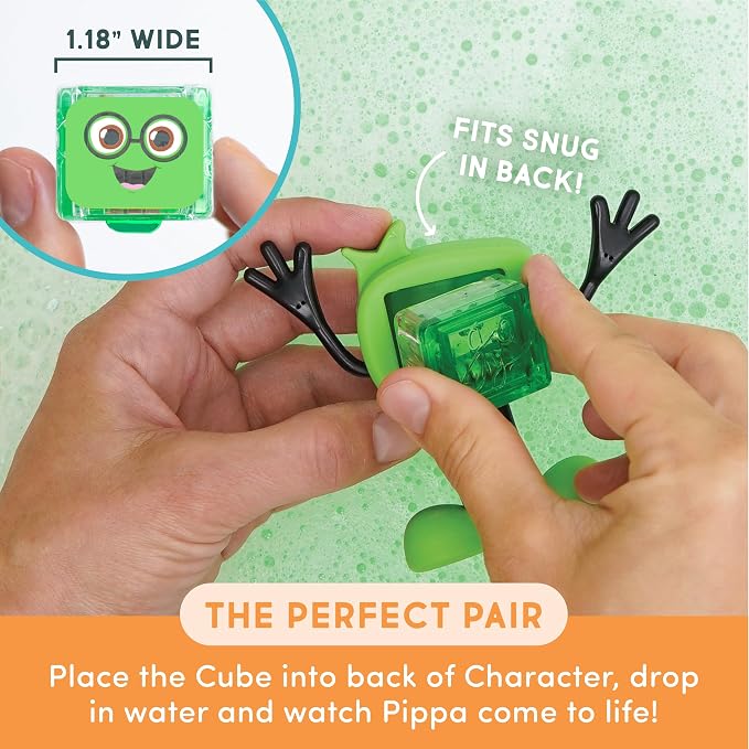 Glo Pals Water-Activated Light-Up Sensory Bath Toy Character and 6 Cubes for Bathtime and Sensory Play, Pippa, Glows Green