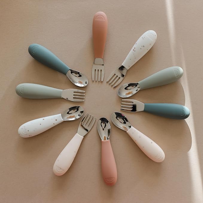 Yeah Baby Goods Silicone Toddler Fork & Spoon (Jade) - Easy Grip, Stainless Steel Kids Cutlery Set - Dishwasher Safe, Food Grade Silicone Silverware for Babies - Self-Feeding Toddler Utensils Set