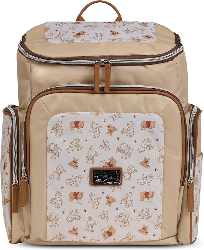 Disney Diaper Bag Backpack with Changing Pad Winnie the Pooh ??16??Nylon Baby Bag for Parents, Insulated Bottle Holders, Multiple Storage Pockets