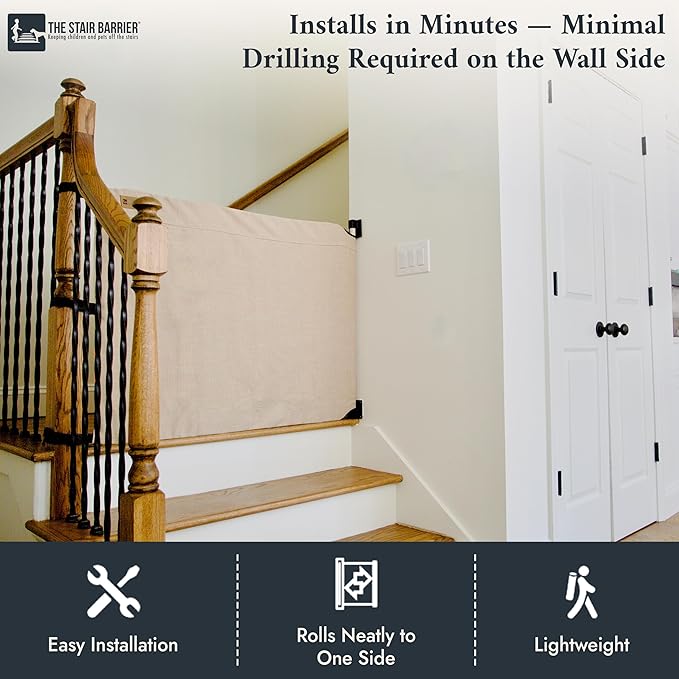 The Stair Barrier First Fabric Wall to Banister Baby Gate for Stairs 36”–43” Wide x 32” Tall – Dog Gate for Stairs, for Top or Bottom Staircase, Machine-Washable, Climb Proof, Designed in USA – Beige