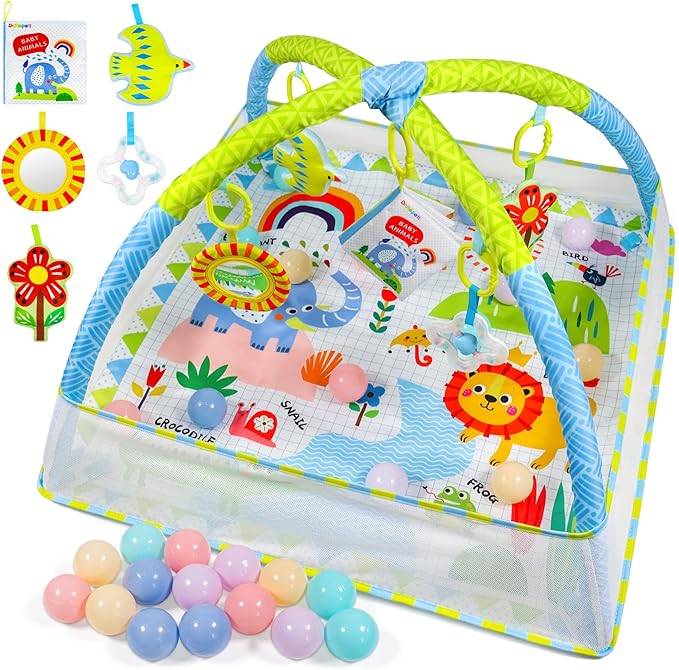 Dr.Rapeti Baby Play Gym Mat with Ball Pit Activity Gym Center Tummy Time Mat Thickened Mat Sensory Exploration Motor Skill Development for Newborn Infant Baby Toddlers