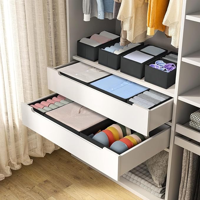 DIMJ Drawer Organizer 15 Pack - Foldable Baby Organizers and Storage & Dresser Organizer for Nursery, Bedroom, Closet - Nursery Organization Dresser Dividers for underwear, Sock,Bra, Belt, Tie，Black
