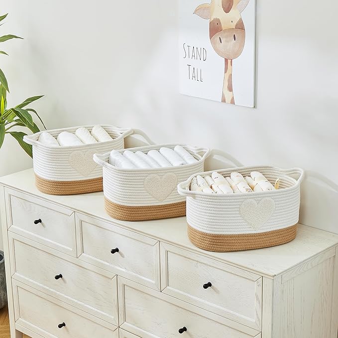 Woven Baskets, 3-Pack Storage Basket for Living Room, Bedroom, Nursery, Stylish Gift Basket with Handles, Cotton Rope Basket for Toys and Shelves, Multi-Purpose Organizer, Heart