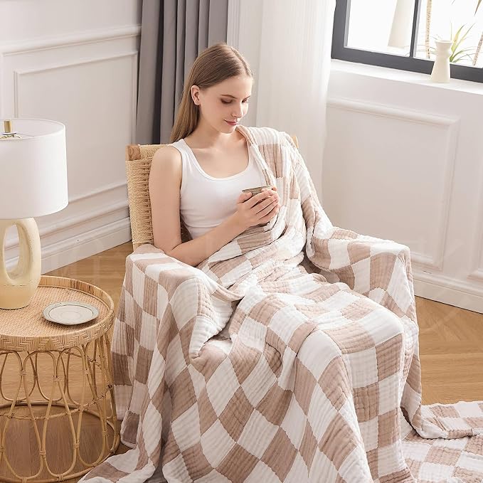 EMME Cooling Muslin Blanket for Adults - Checkered Lightweight Summer Cotton Throw Blankets of Rayon Derived from Bamboo for Hot Sleepers, Ultra Soft Breathable Gauze