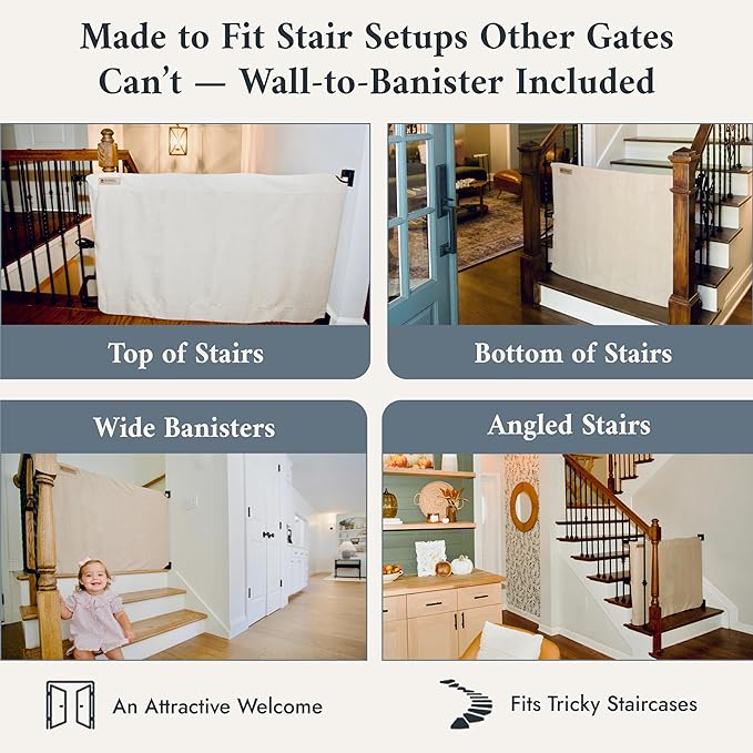 The Stair Barrier First Fabric Wall to Banister Baby Gate for Stairs 36”–43” Wide x 32” Tall – Dog Gate for Stairs, for Top or Bottom Staircase, Machine-Washable, Climb Proof, Designed in USA – Cream