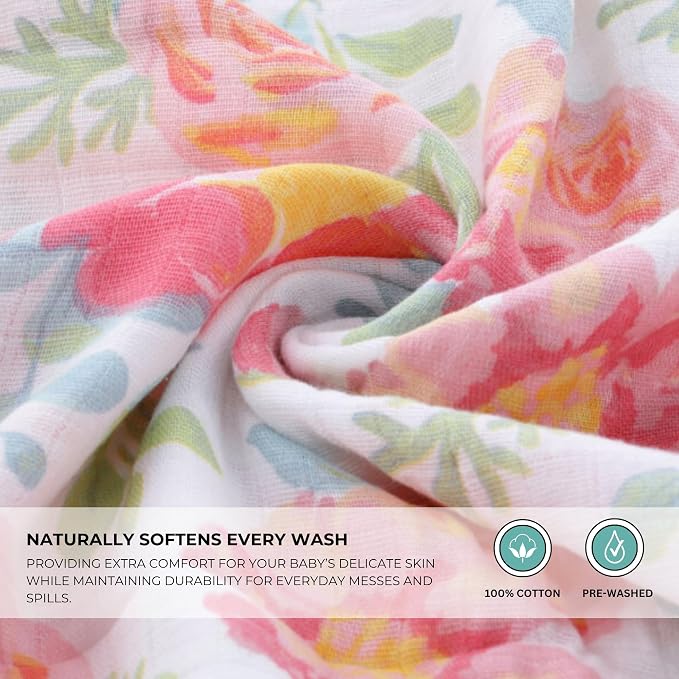 Featherhead™ 5-Pack Muslin Burp Cloths for Baby Girl Large 22" X 11" - Ultra Soft & Extra Absorbent Cotton Terry Backing (Garden Floral)