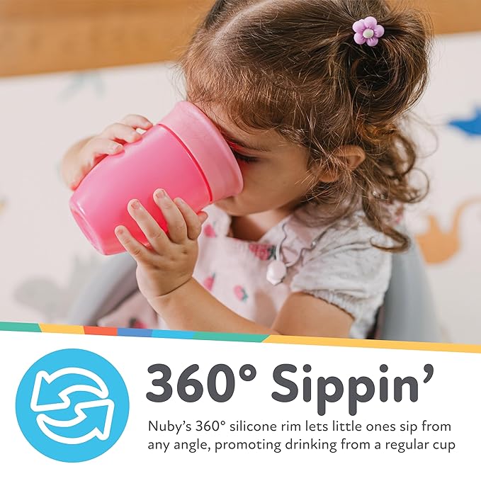 Nuby Wonder Cup - Spill-Proof Toddler Sippy Cups - (3 Pack) 7 oz - Sip from All Sides - Leak Resistant - Spoutless Transition Cup - Aqua/Purple/Pink