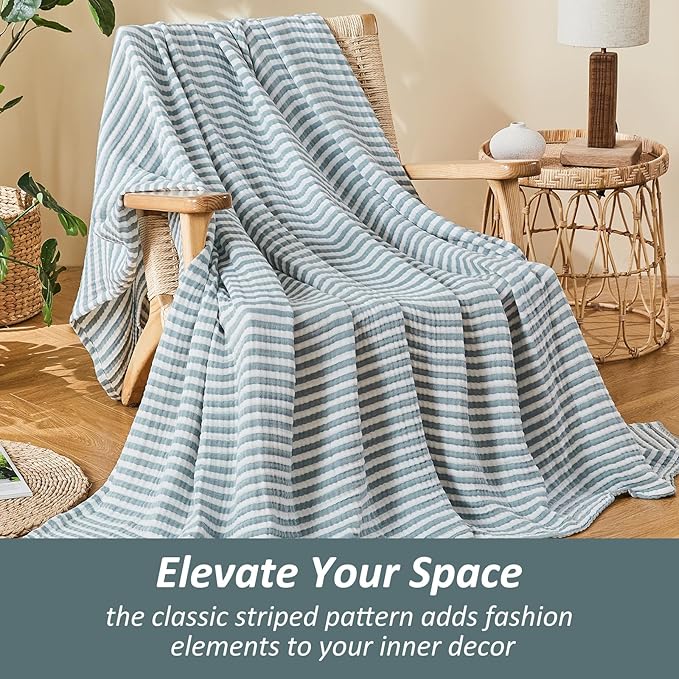 EMME Cotton Muslin Large Throw Blanket Couch 4-Layer Breathable Gauze Soft Lightweight Bed Blankets Adults (Striped Teal, 50"x71")
