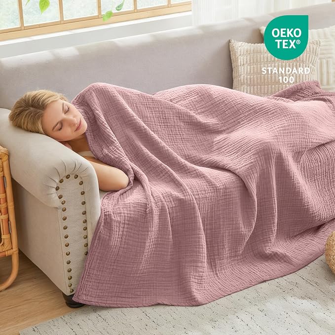 EMME Cotton Blanket King Size for Bed Soft Muslin Blankets Lightweight Breathable Layering Bedspread Coverlet All Season Gauze Blanket, Light Tan (Dusty Pink, 108"x90")