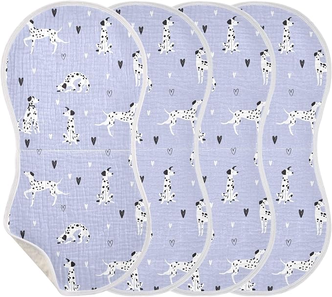 Muslin Burp Cloths for Baby Boys and Girls - 4-Pack Ultra Absorbent Cartoon Dalmatian Dogs Muslin Washcloths, Newborn Towel, Milk Spit Up Rags, Burp Cloth Bib for Unisex, 22 x 11 Inch