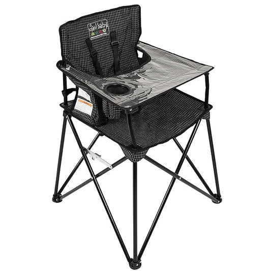 ciao! Baby Portable High Chair for Babies and Toddlers, Fold Up Outdoor Travel Seat with Tray and Carry Bag for Camping, Picnics, Beach Days, Sporting Events, and More (Black Check)