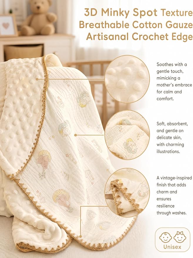 Baby Blanket 40x40 Inches,Muslin Cotton and Minky Dotted Double Layer Soft Receiving Blanket for Newborn Toddler,Lunar Elephant