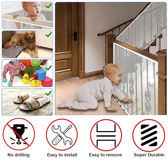 Stairway Net - Baby Safety Rail – Balcony Railing Guard -10ft L x 2.6ft H Banister Proofing Stair for Child, Small pet,Toy- Indoor & Outdoor(White)