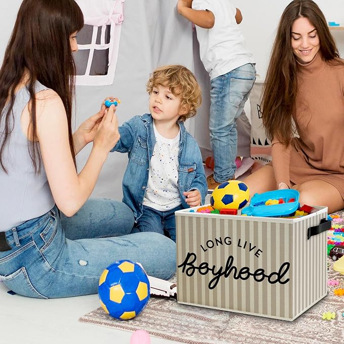 Black Long Live Boyhood Boys Storage Bins Box with Handles, Beige Stripe Collapsible Basket Organizer for Kids Teen Boy Nursery Room Bedroom Bathroom Playroom Toys Books Clothes