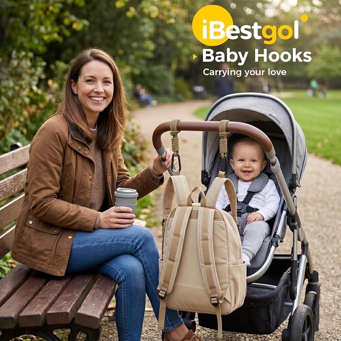 Baby Stroller Hooks, Universal Clips for Diaper and Mommy Bags, Heavy-Duty Hangers with Straps, Practical Stroller Accessory for Moms, Brown-4pc