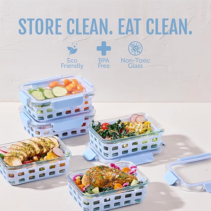 Ello Duraglass 3.4 Cup Meal Prep Sets 10Pc, 5 Pack Set- Glass Food Storage Container with Silicone Sleeve and Airtight BPA-Free Plastic Lids, Dishwasher, Microwave, and Freezer Safe, Halogen Blue