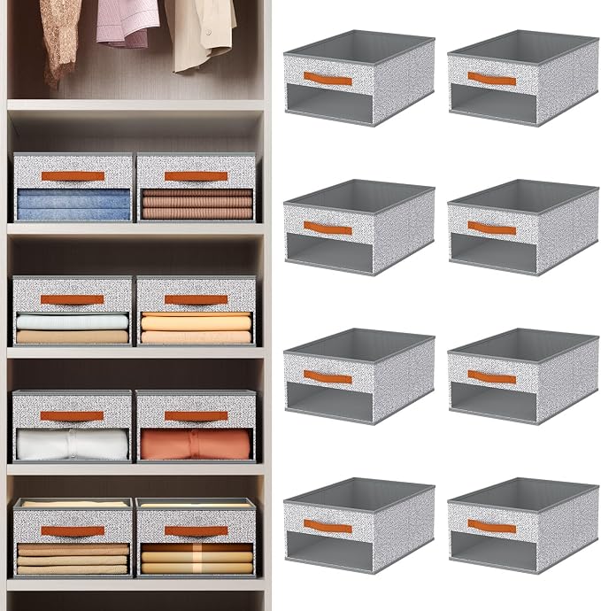 Homsorout Drawer Organizers and Storage - 8 Pack Foldable Pants Organizer with Clear Window & Handles, Fabric Closet Organizer for Clothes, Jeans, Sweaters, Towels, T-shirt, Scarf (Ant Light Gray)