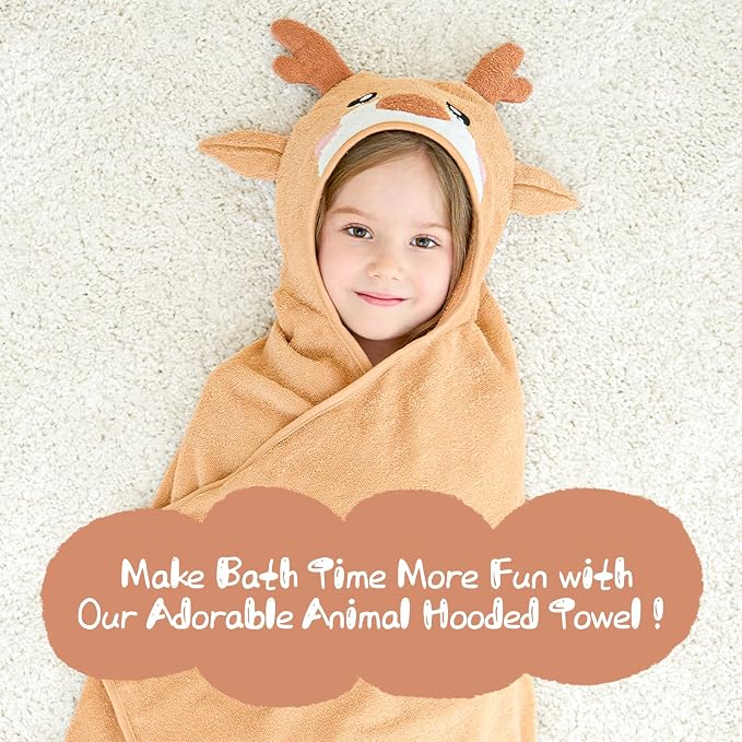Style Quarters Brown Elk Hooded Towel for Kids – Soft, Absorbent Cotton, Embroidered Baby Bath Towel, Cozy, Lightweight – Ideal for Toddlers & Children(50"x30")