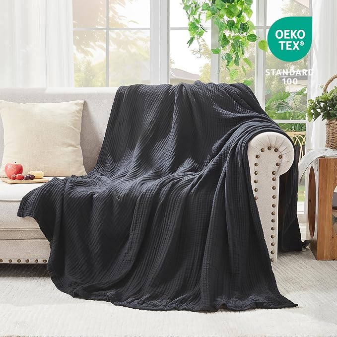EMME Cotton Muslin Large Throw Blanket Couch 4-Layer Breathable Gauze Blanket Soft Lightweight Bed Blankets Adults (Black, 50"x71")