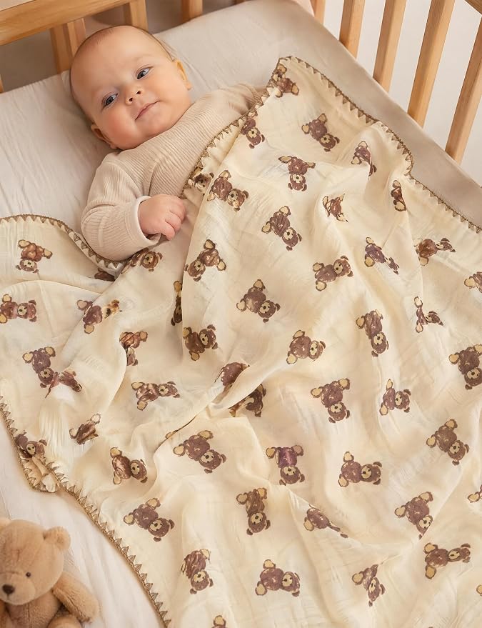 Baby Blanket 40x40 Inches,Muslin Cotton and Minky Dotted Double Layer Soft Receiving Blanket for Newborn Toddler,Cuddle Bear