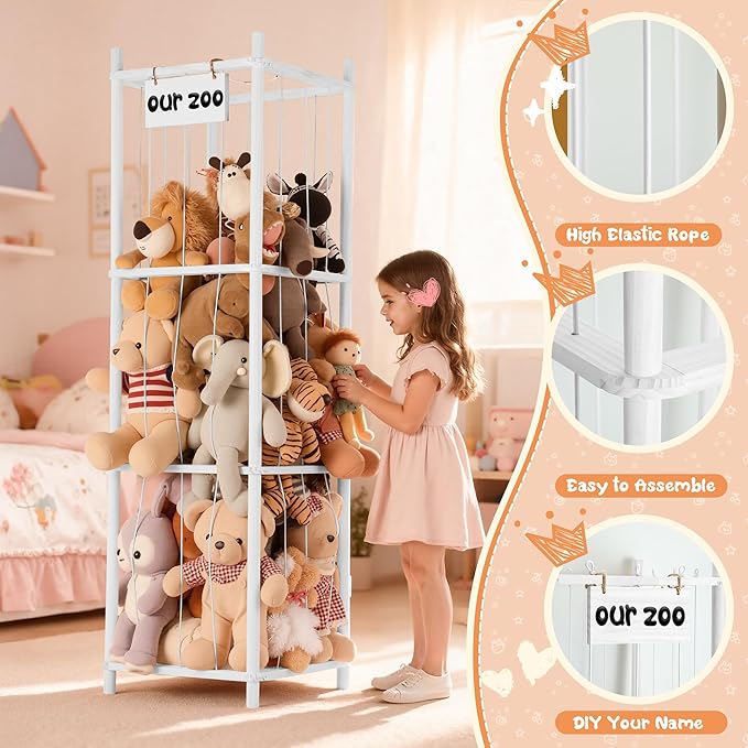 LAMU Stuffed Animal Storage, Wooden Zoo Stuffed Animal Holder with Elastic Cords, Space Save Toy Organizer, Extra Large Capacit Stuffed Animal Organizer for Playroom, Bedroom, Nursery, White