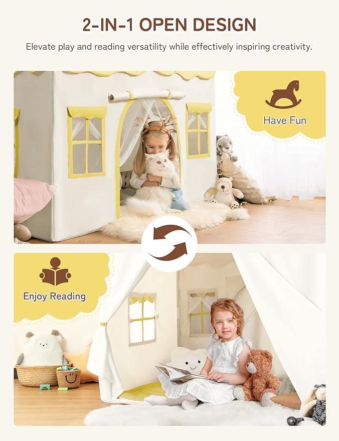 Besrey Kids Play Tent 2 in 1 with Padded Mat and Lights, Large Kids Playhouse with 2 Doors & 4 Windows, Indoor & Outdoor, Christmas Toddler Tent, 51" x35" x 51" (Yellow)