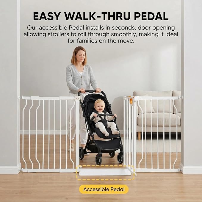 Baby Gates Extra Wide for Doorways 62.2-66.9 Inch Extra Wide Pressure Mounted Baby Dog Gate for the House Indoor Large Openning Metal Safety Gate No Drilling with Walk-Through Door,White
