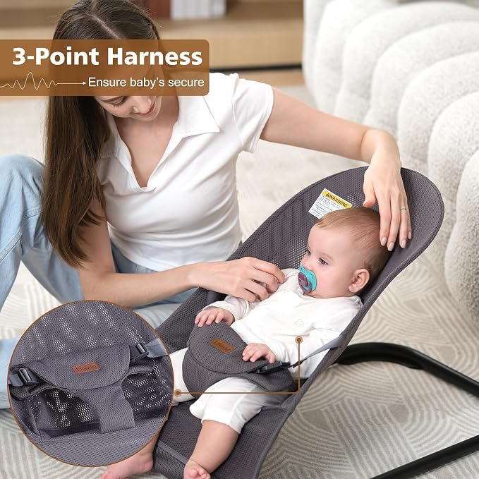 Baby Bouncer,Baby Bouncer Seat,Portable Infant Bouncer with 3-Point Safety Harness,Ergonomic Bouncy seat, Bouncer for Babies 0-6 Months up to 20lbs (Mesh Grey)