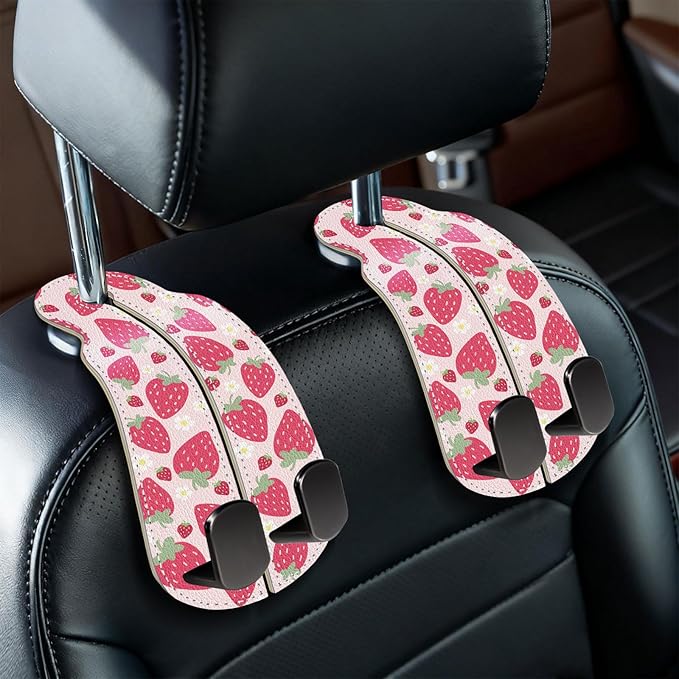 Blusabaca 2PCS Car Seat Back Storage Headrest Hooks, Cute Strawberry Purse Holder Bags Hanger, PU Leather Double Metal Hook for Backseat Organizer, Women Car Accessories Organization