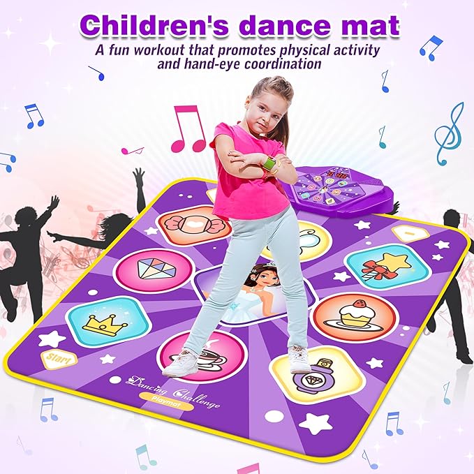 Kusntin Dance Mat, Dance Mixer Rhythm Step Play Mat, Pink Dance Pad with LED Lights, Adjustable Volume, Built-in Music, 5 Game Modes, Xmas Birthday Gifts for 3-10 Years Girls Toys (Purple-Princess)