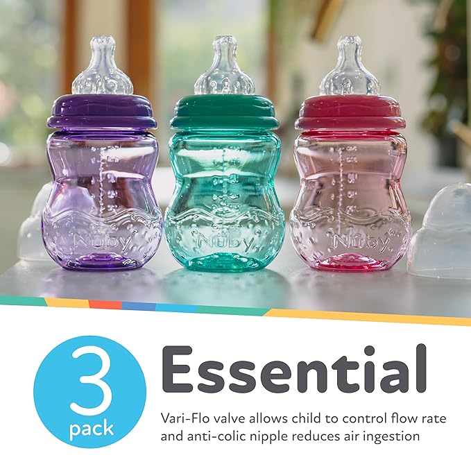 Nuby Wide Neck Non-Drip Bottle - Baby Bottles with Anti-Colic Vari-Flo Valve - (3-Pack) 8 Oz - 0+ Months - Aqua, Pink, Purple