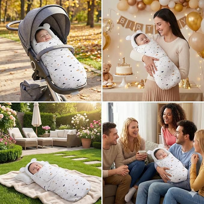 Newborn Baby Swaddle Blanket with Bear Ears, Soft Breathable Wrap for 0-6 Months, Easy Change Receiving Blanket, All-Season Nursery Gift, Sweet Peach Print