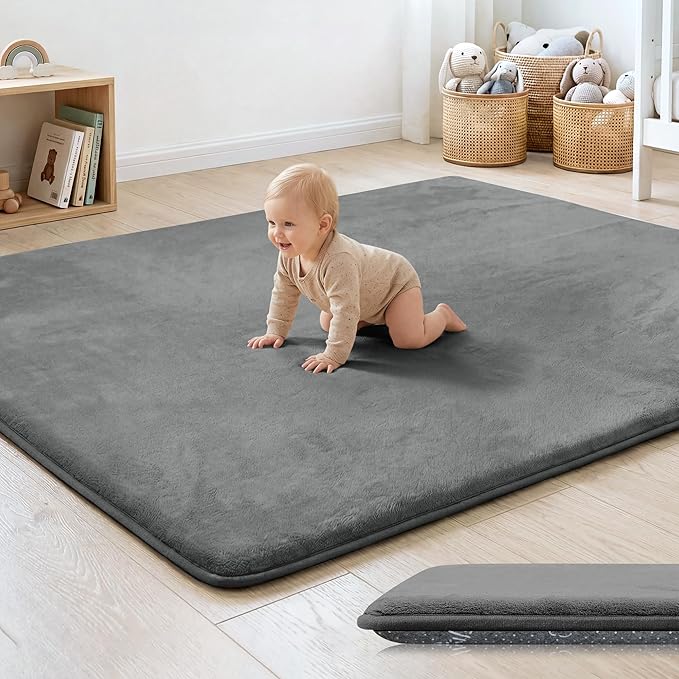 1.3" Thick Baby Floor Play Mat 71x79, Basic Padded Foam Mat for Tummy Time Crawling, Non Slip Cushioned for Babies Toddlers Infants Kids (Dark Grey)