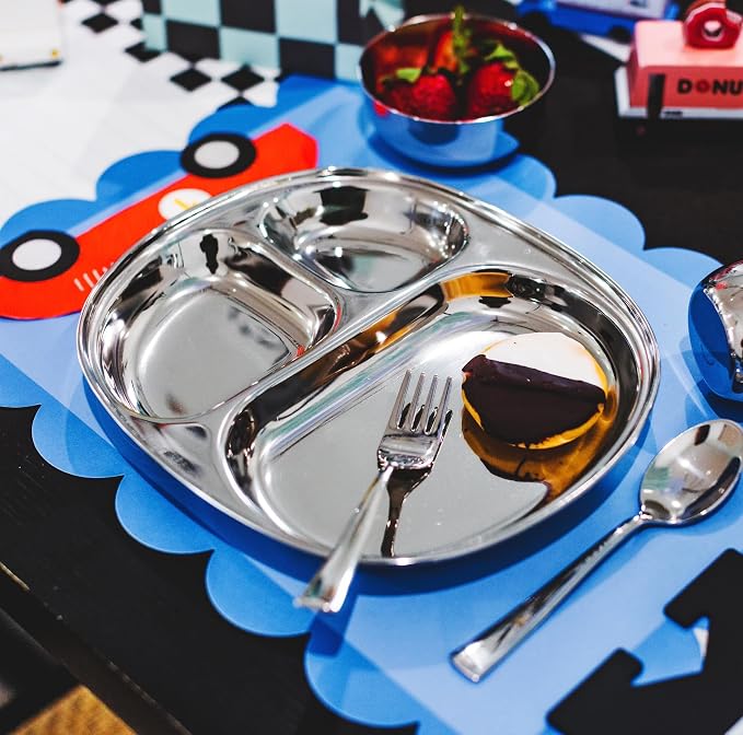 Ahimsa Stainless Steel Plates For Kids, Pediatrician Designed Divided Plates for Toddlers & Baby, Non Toxic, Unbreakable & Dishwasher Safe, Set of 4