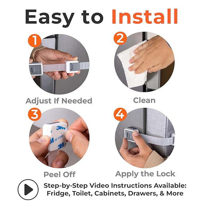 2-Pack Child Proof Fridge Lock with Adhesive - Adjustable Baby Proofing Straps - Refrigerator Lock for Kids - Freezer Latch to Keep Door Closed - for Toddlers, Cats, & Dogs - Universal Compatibility