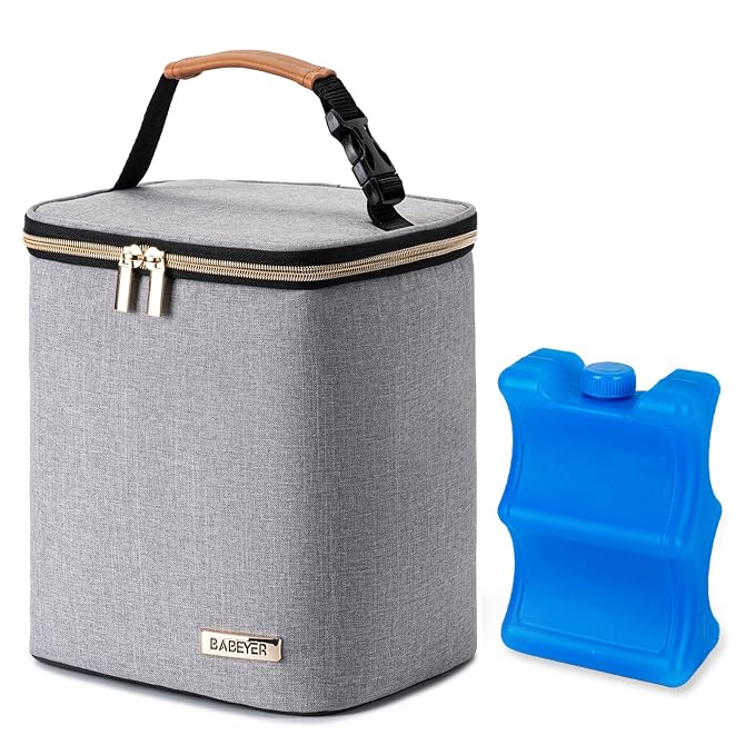 Breast Milk Cooler Bag with Ice Pack Fits 4 Baby Bottles Up to 9 Ounce, Baby Bottle Bag for Nursing Mom Daycare, Grey