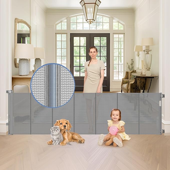 Reinforced bottom 90 Inch Extra Wide Baby Gate for Large Openings Retractable Baby Gates Extra Wide Upgraded Spring Retractable Dog Gate for Doorways Extra Wide Adjustable Bracket Retractable Pet Gate