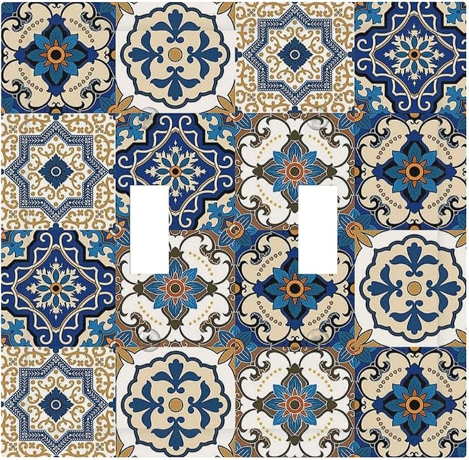 Boho Talavera Decorative Tile Moroccan Mandala Print Decorative Switch Plates 2 Gang Double Toggle Outlet Light Switch Cover Wall Plate Electrical Faceplate for Bathroom Kitchen Decor
