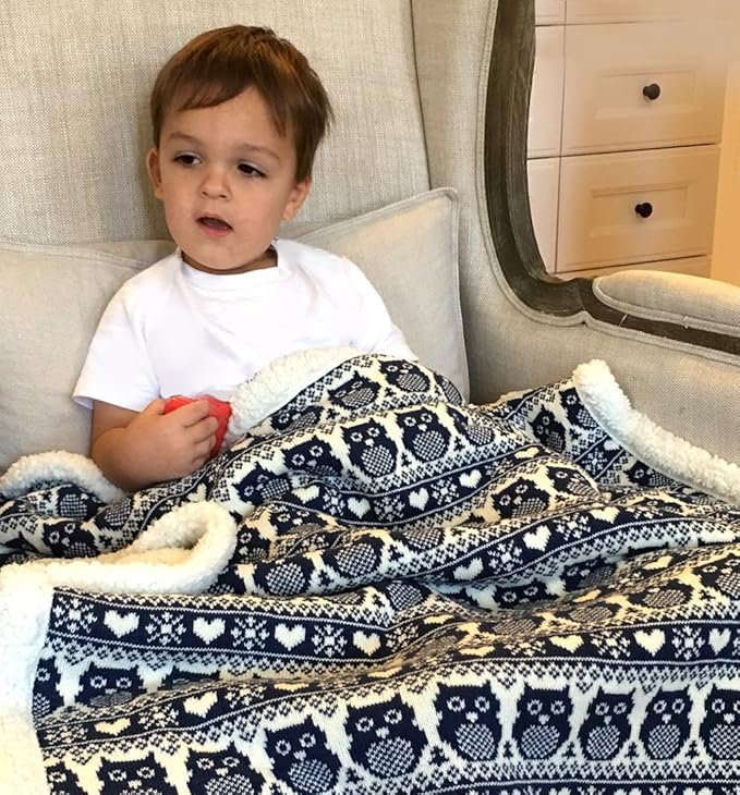 Snow Owl Cotton Knit Sherpa Baby Blanket 30?�x40??(Navy)