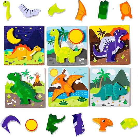 Klevly 6 PK Dinosaur Wooden Toddler Puzzles Ages 2-4 | Wooden Puzzles for Toddlers 18 Months to 3 Yrs | Montessori Toys for 2 Year Old | Learning Toys for 2+ Year Olds