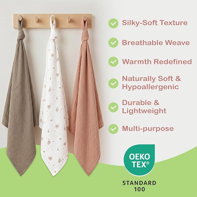 Organic Muslin Baby Blanket 3-Pack Olive, Cinnamon & Wildflower, 38x40 Inch 100% Organic Cotton Oeko-TEX Certified Ultra-Soft Swaddle Blankets for Newborn, Baby Girl Shower Gift Set
